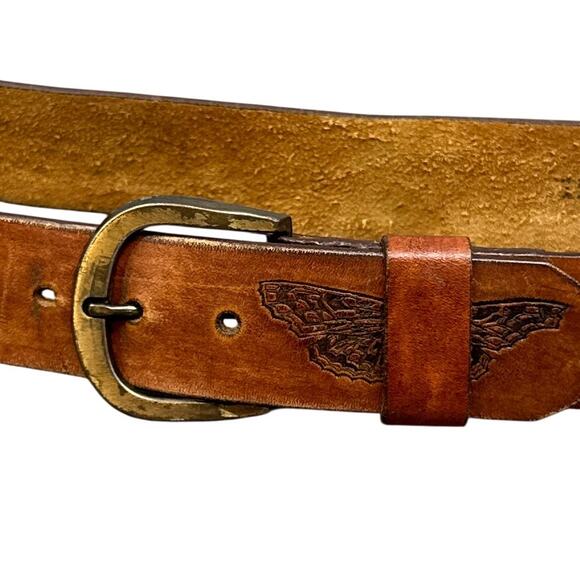 VTG Latitan Leather Belt 26 Brown Hand Tooled Stained Butterfly Bras Buckle Boho - Picture 9 of 14